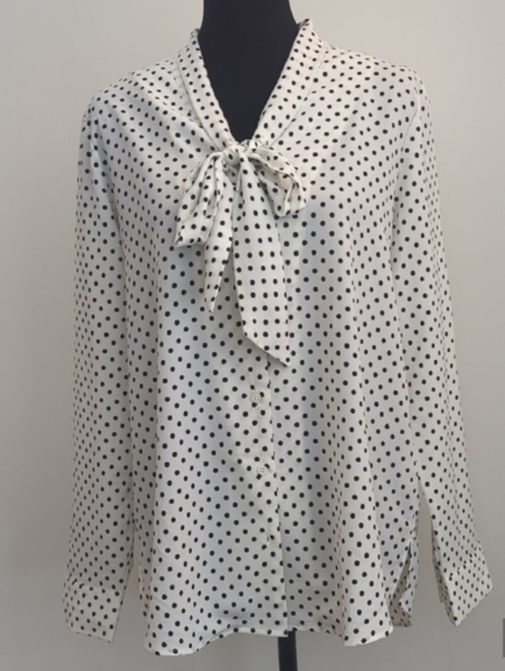 Dalia White & Black Classic Polka Dot Bow Neck Tie Blouse Long-Sleeve LARGE